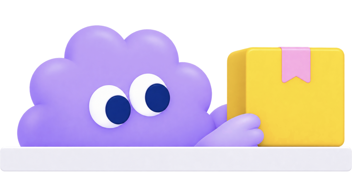 Character peeking beside a package on a shelf